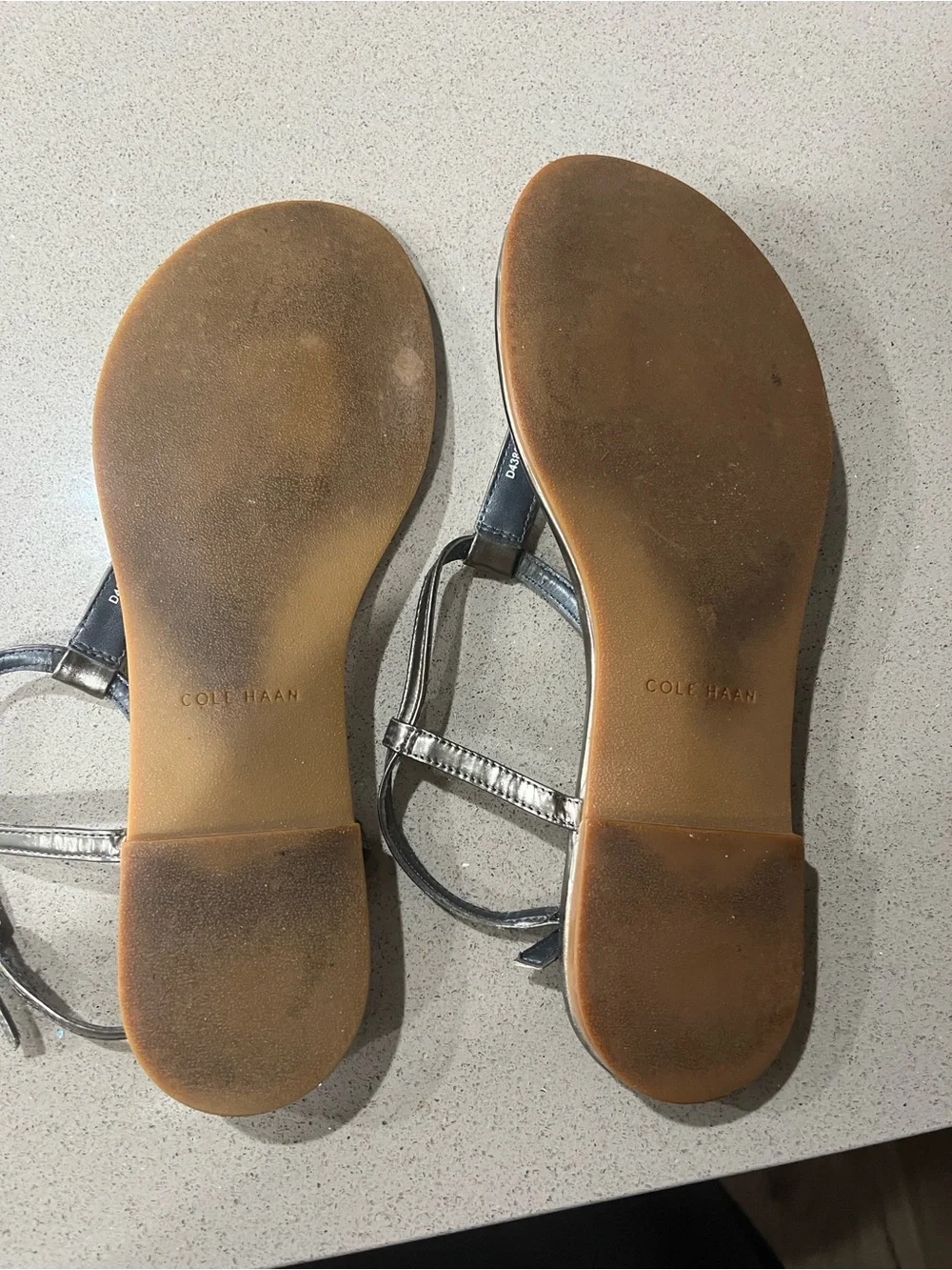 Cole Haan Metallic Silver/Pewter T-Strap Sandals with Crystal Accents